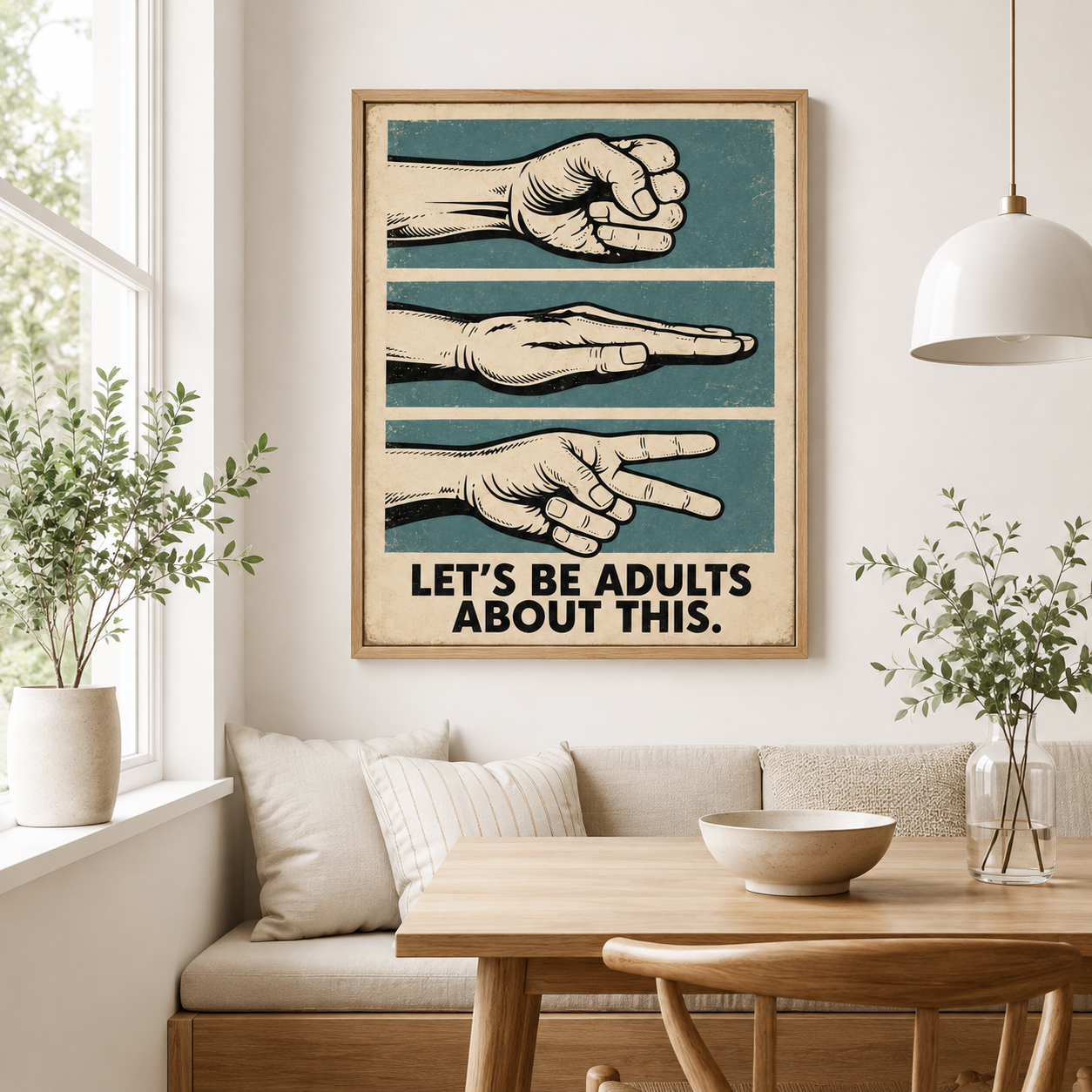 Rock paper scissors canvas wall art in dining room mockup