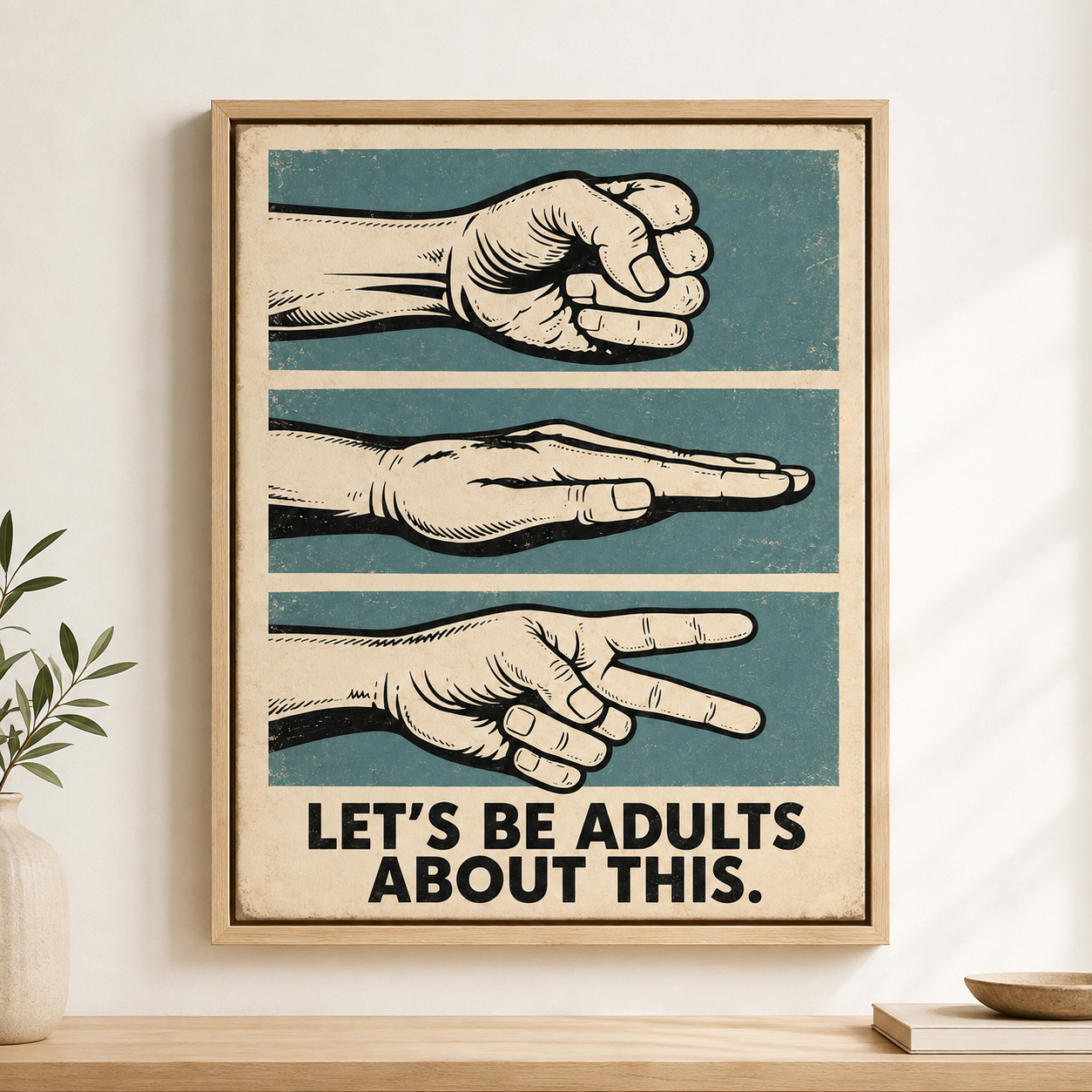Rock paper scissors canvas wall art in natural frame mockup