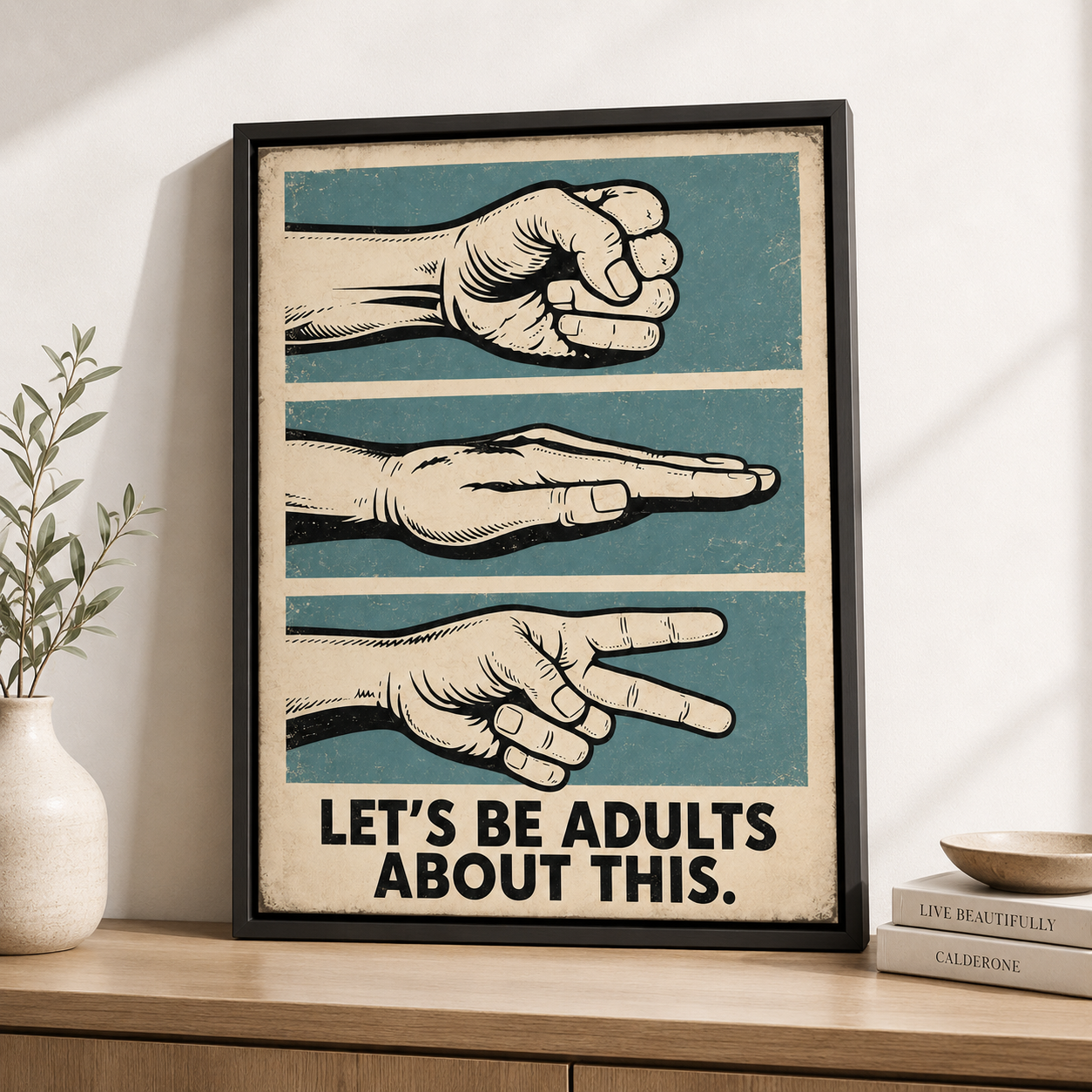 Rock paper scissors canvas wall art shelf mockup