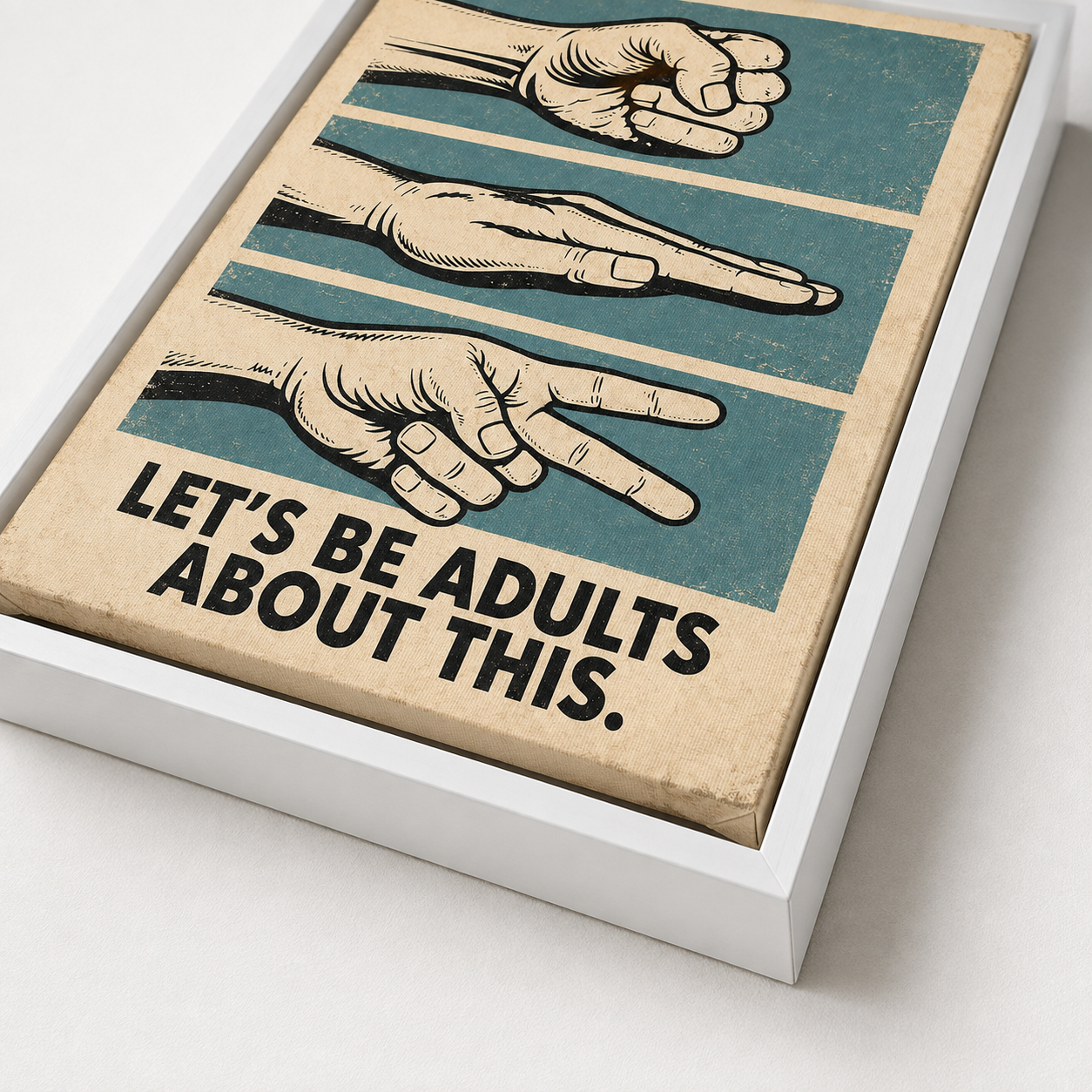 Rock paper scissors wall art close-up with white frame