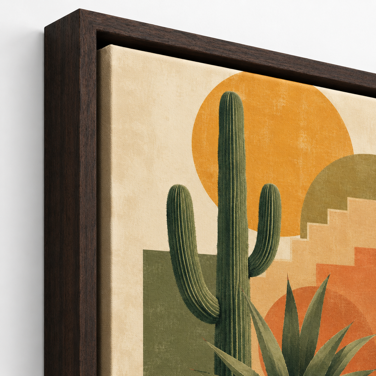 Southwestern cactus canvas wall art espresso frame close-up