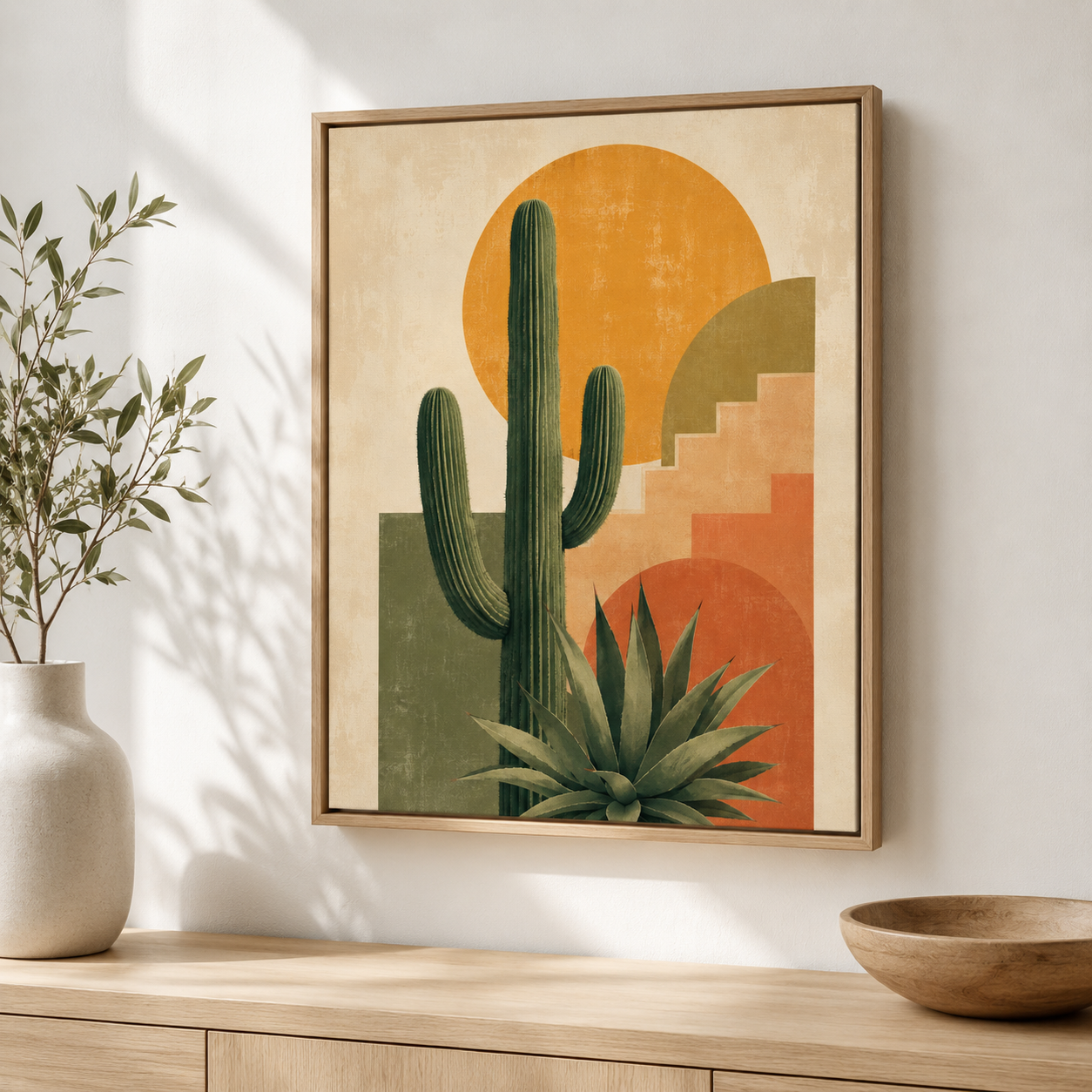 Southwestern cactus canvas wall art natural frame mockup