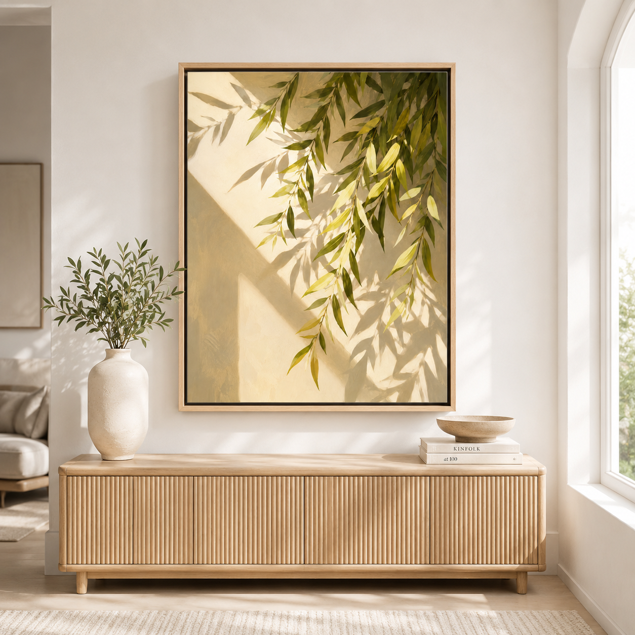 Sunlit Leaves Canvas Wall Art natural frame room mockup