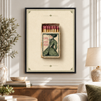 Vintage woman matchbox canvas wall art in a black frame with neutral home decor