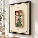 Angled view of vintage woman matchbox canvas wall art in an espresso frame