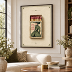 Vintage woman matchbox canvas wall art in an espresso frame above a cream sofa