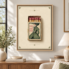 Vintage woman matchbox canvas wall art in a natural frame above a wooden console