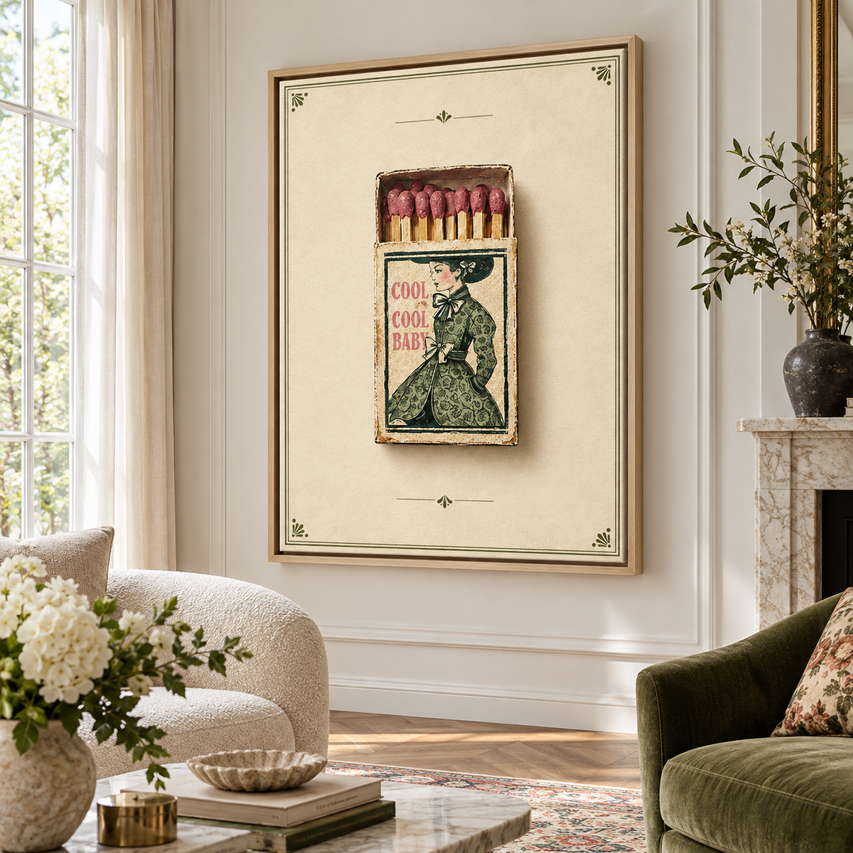 Vintage woman matchbox canvas wall art in a natural wood frame in a bright living room