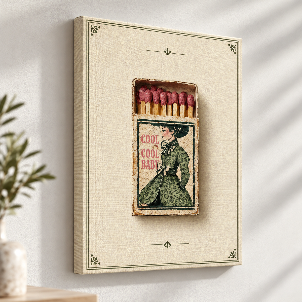 Angled view showing the canvas texture and wrapped edges of vintage woman matchbox wall art