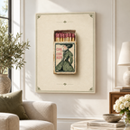 Vintage woman matchbox unframed canvas wall art in cream, olive green and muted red