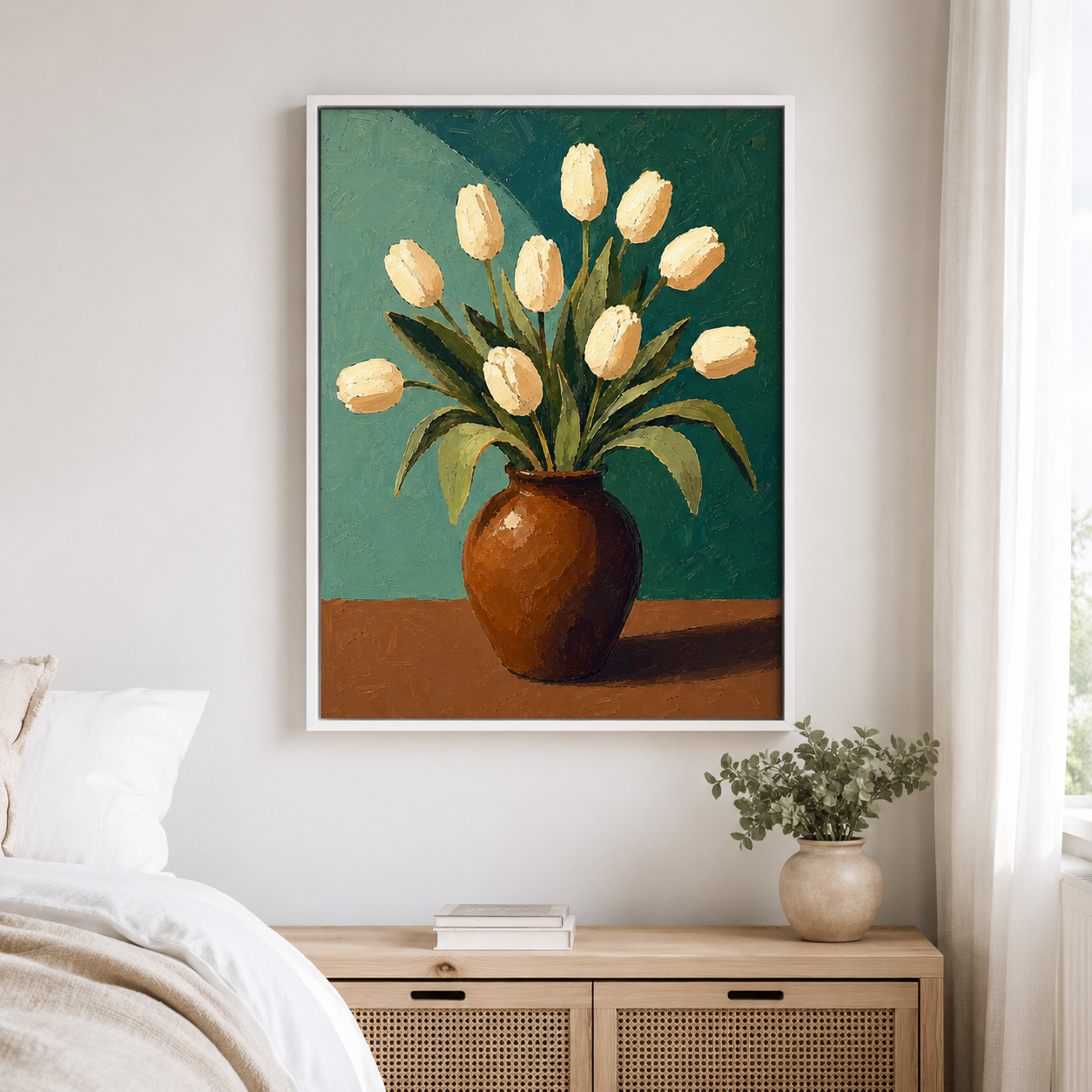 White tulip canvas wall art bedroom mockup
