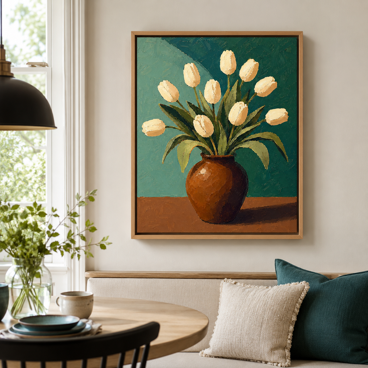White tulip canvas wall art dining room mockup