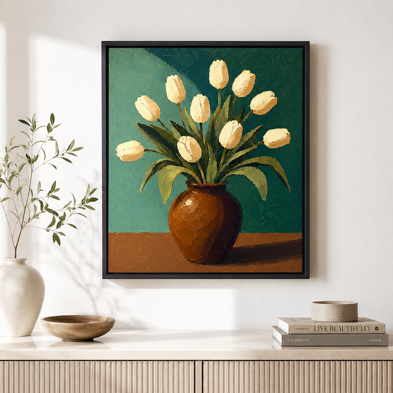 White tulip canvas wall art entryway mockup