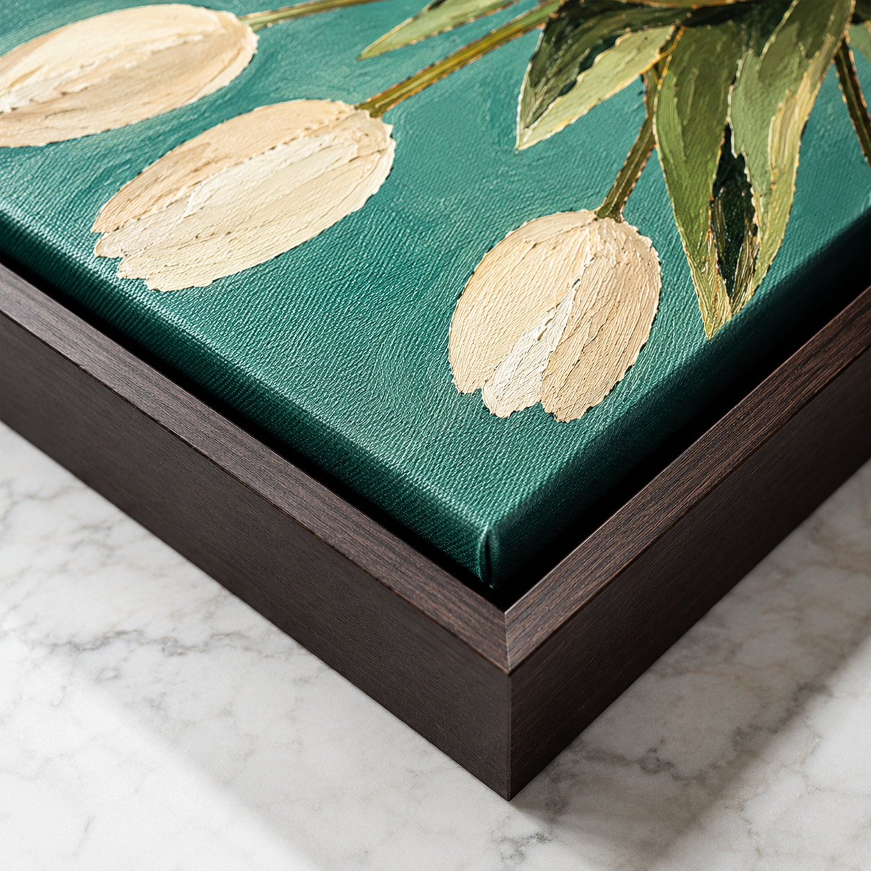 White tulip canvas wall art espresso frame close-up