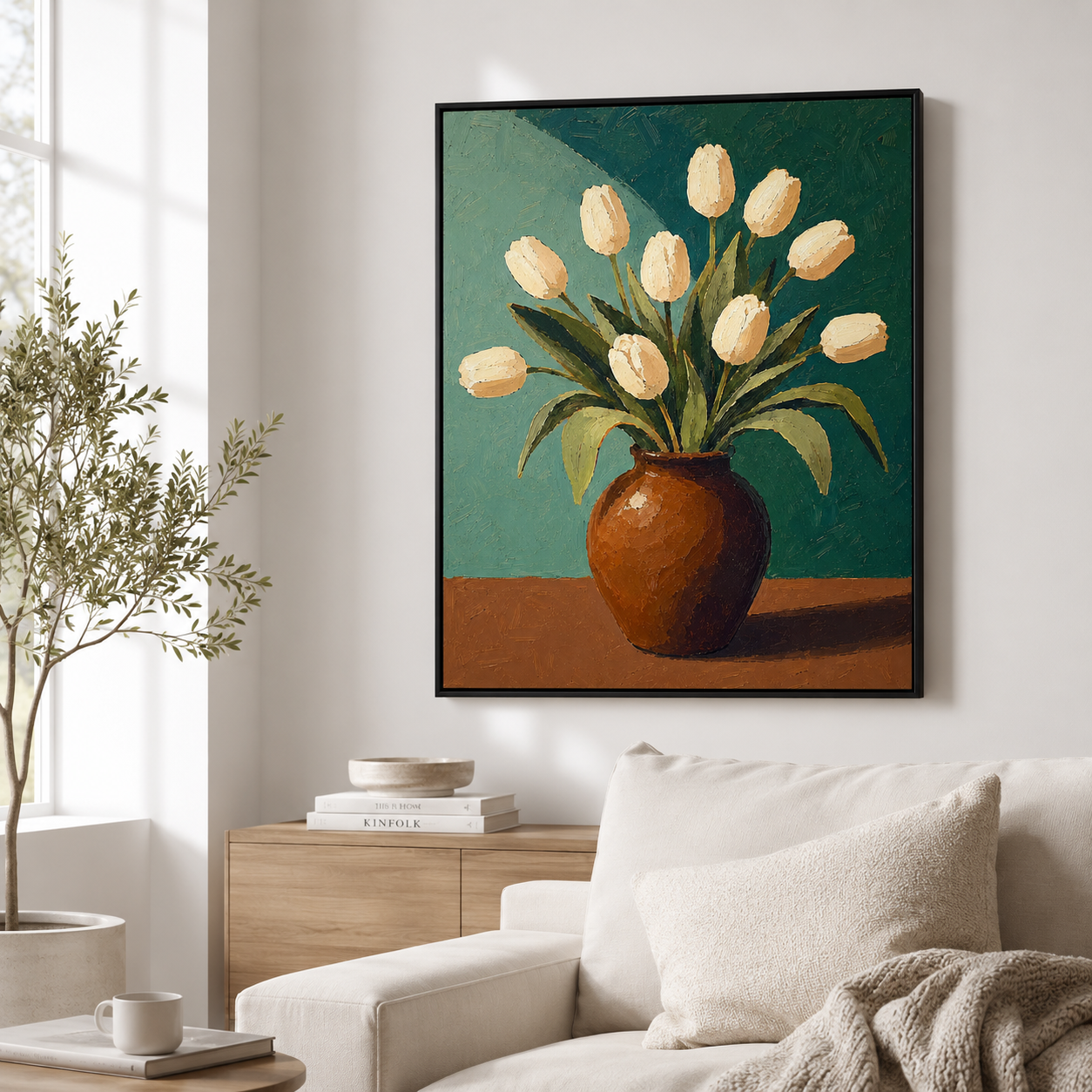 White tulip canvas wall art in living room mockup