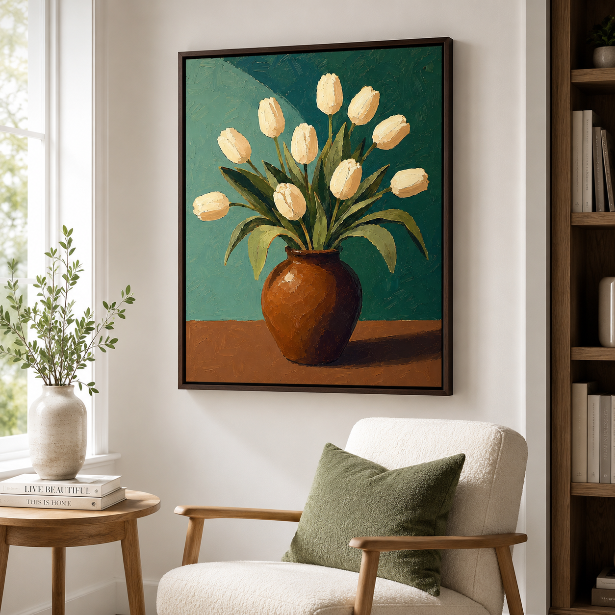 White tulip canvas wall art reading corner mockup