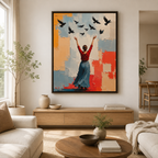 Woman and Birds Canvas Wall Art black frame room mockup
