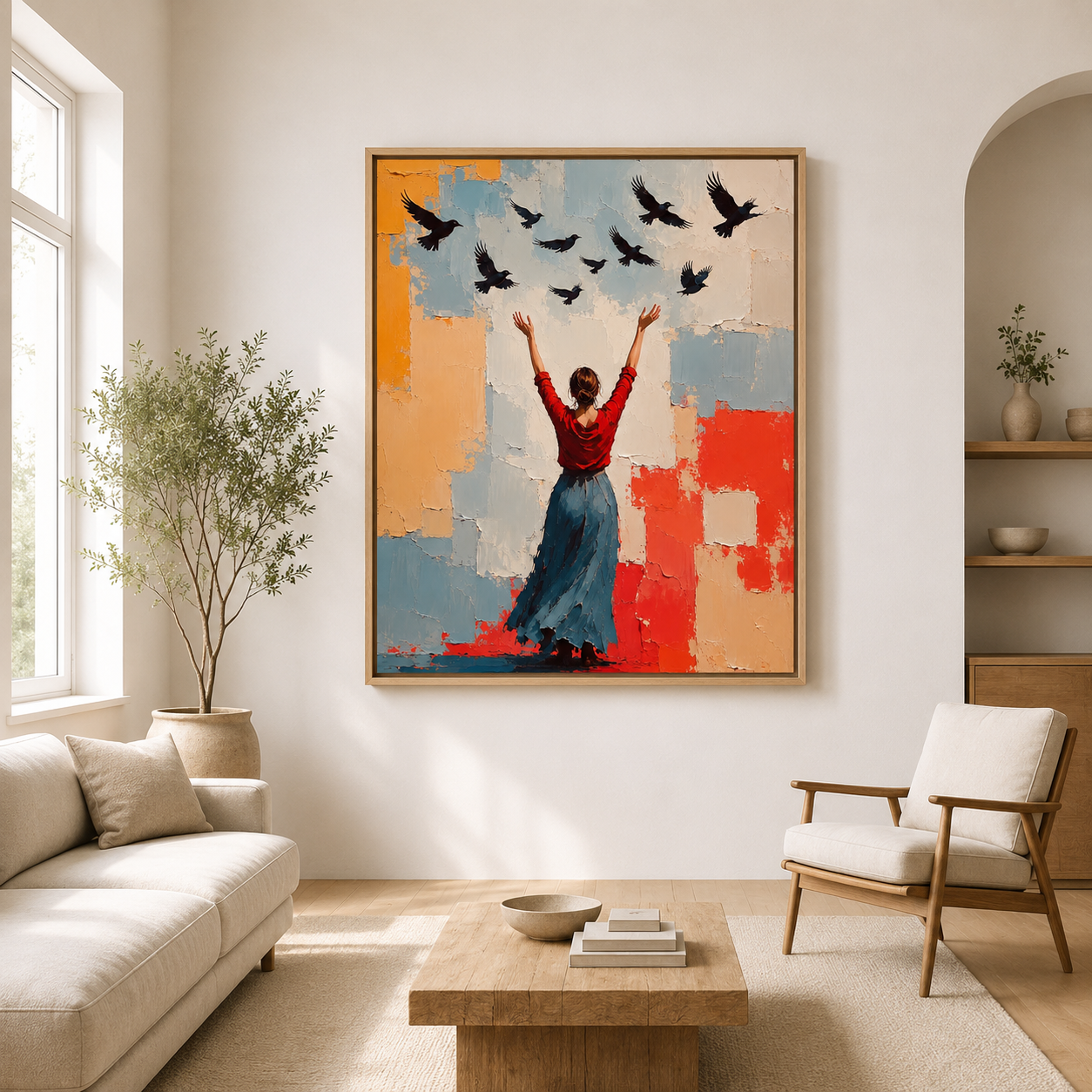 Woman and Birds Canvas Wall Art natural frame room mockup