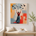 Woman and Birds Canvas Wall Art white frame room mockup