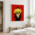 Woman holding tulips canvas wall art in bedroom mockup