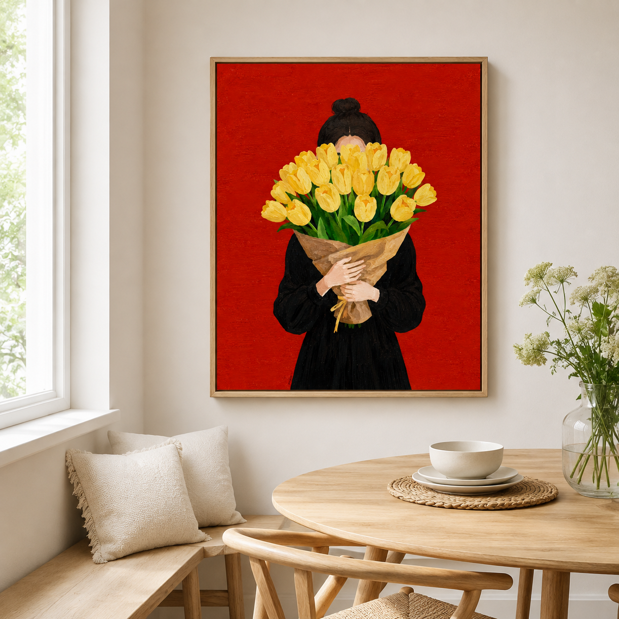 Woman holding tulips canvas wall art in dining room mockup