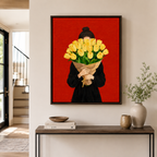 Woman holding tulips canvas wall art in entryway mockup