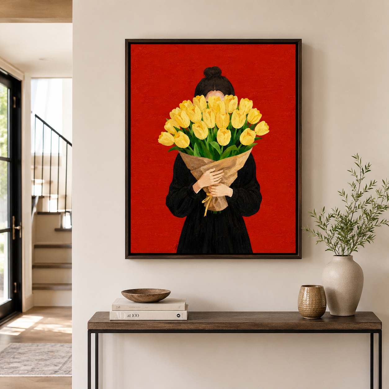 Woman holding tulips canvas wall art in entryway mockup