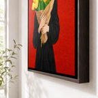 Woman holding tulips canvas wall art espresso frame close-up