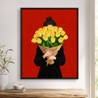 Woman holding tulips canvas wall art black frame mockup