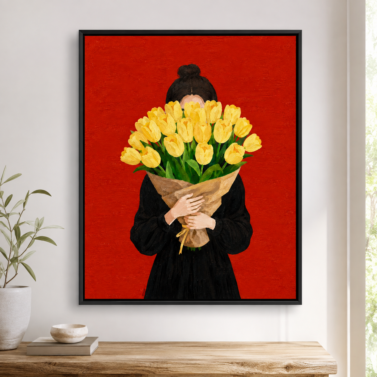 Woman holding tulips canvas wall art black frame mockup