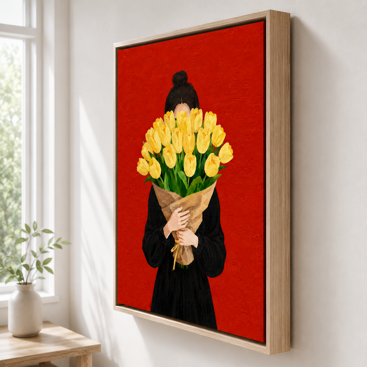 Woman holding tulips canvas wall art natural frame side view