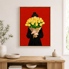 Woman holding yellow tulips canvas wall art natural frame mockup