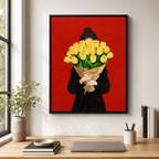 Woman holding tulips canvas wall art in office mockup