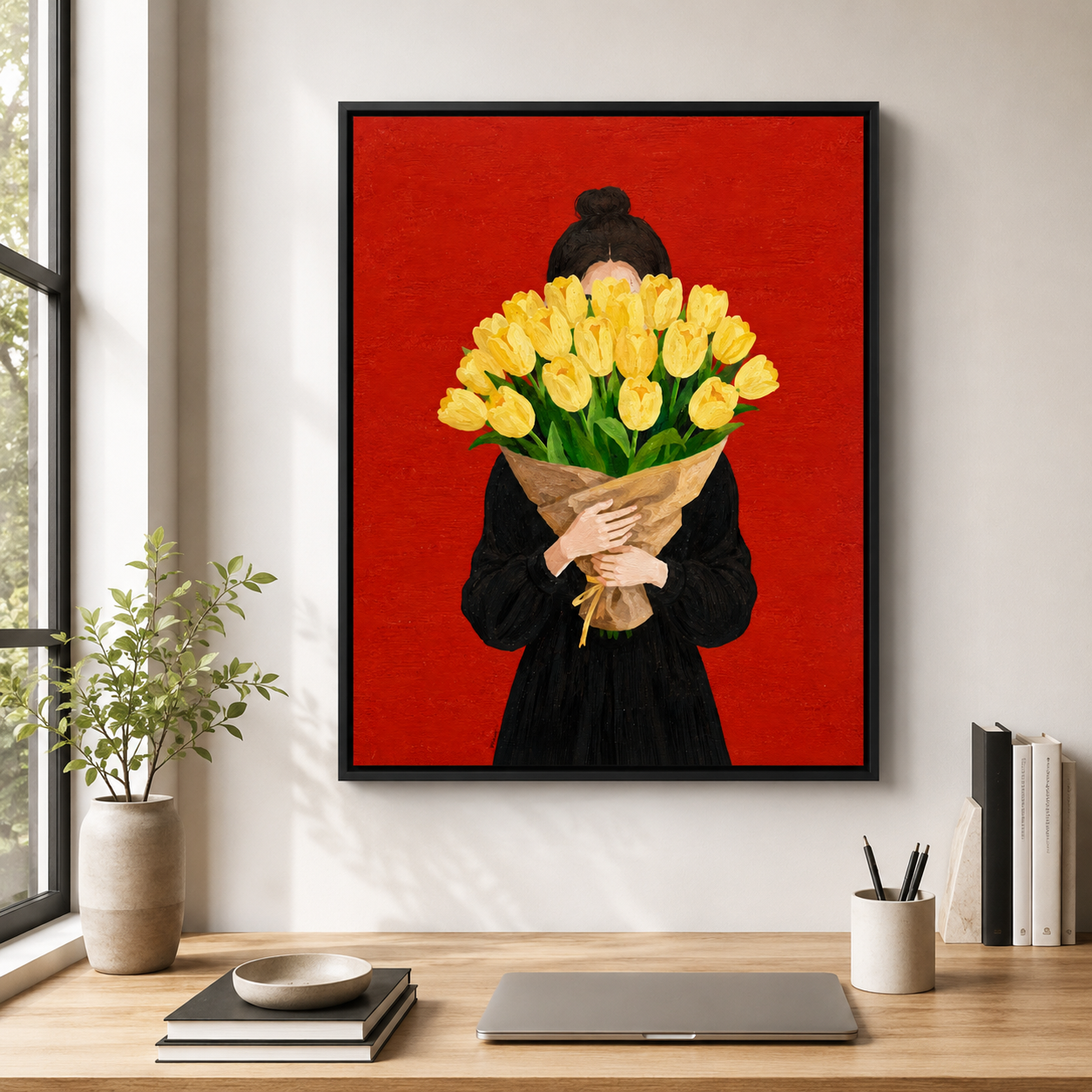Woman holding tulips canvas wall art in office mockup
