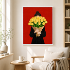 Woman holding tulips canvas wall art in reading corner mockup