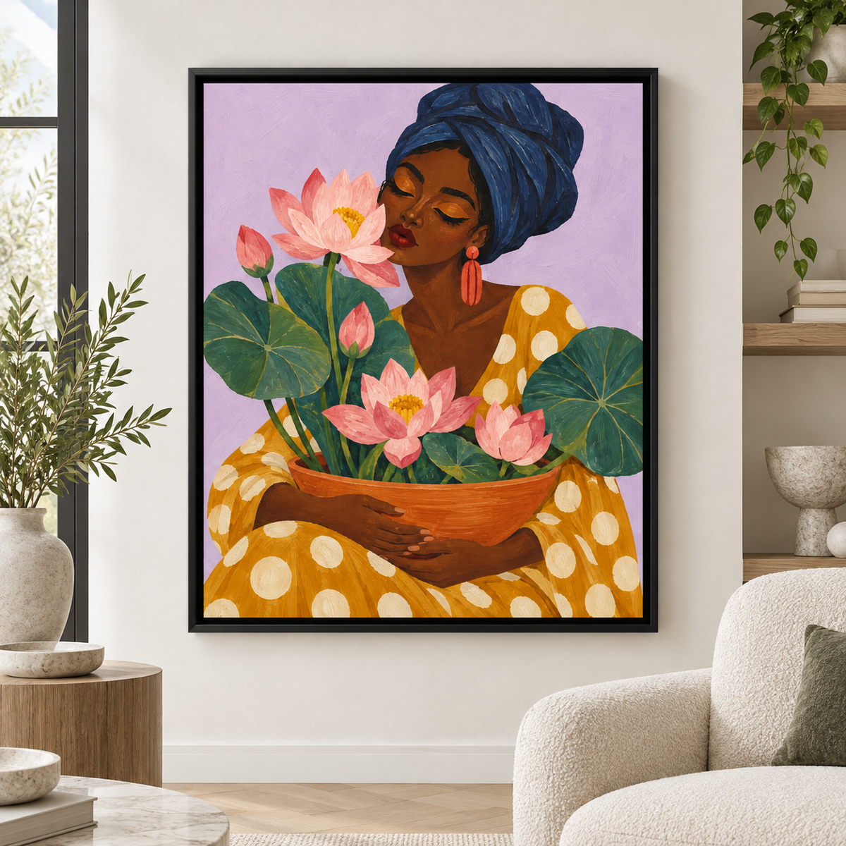 Woman with pink lotus flowers canvas wall art in a black frame above a cream armchair
