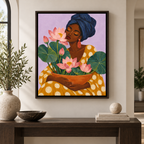 Woman with pink lotus flowers canvas wall art in an espresso frame above a console