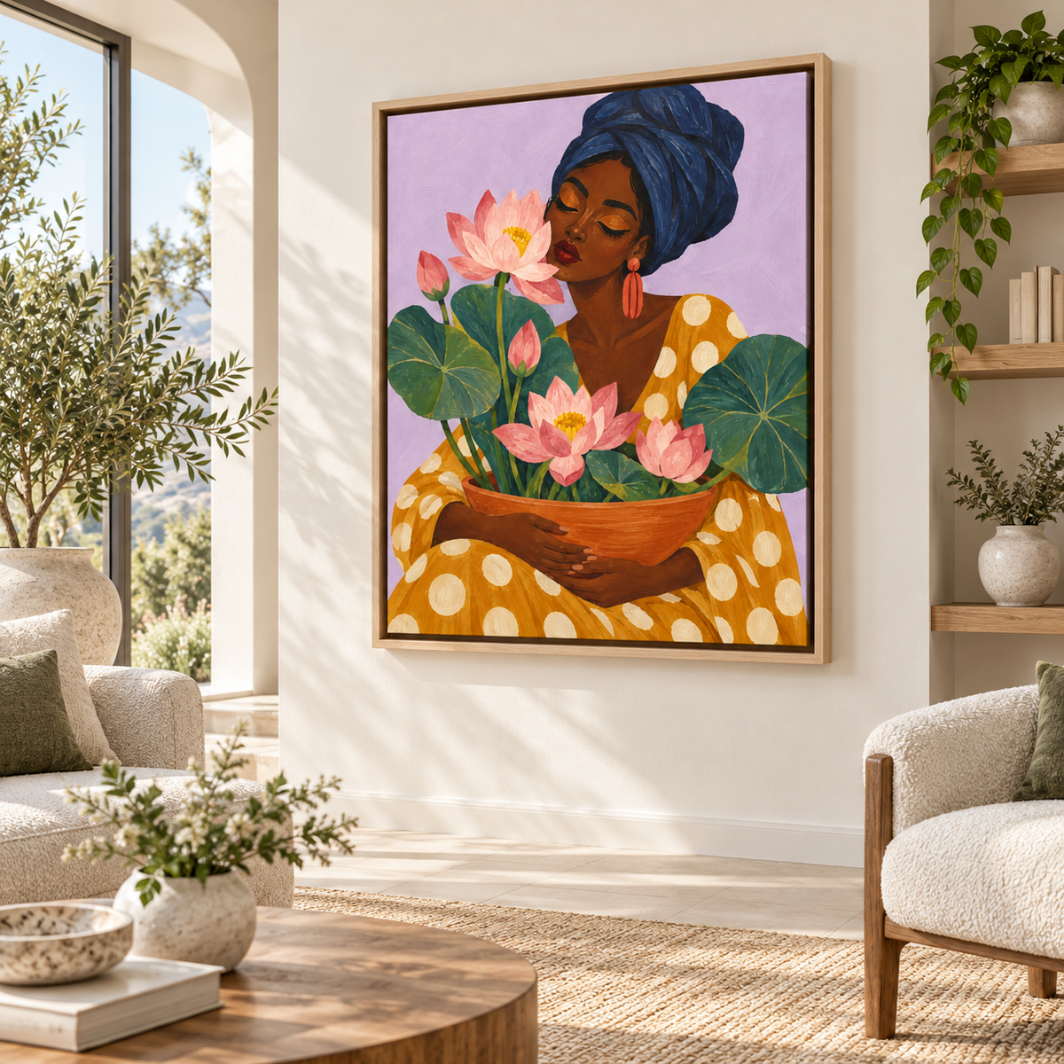 Woman with pink lotus flowers canvas wall art in a natural wood frame in a bright living room