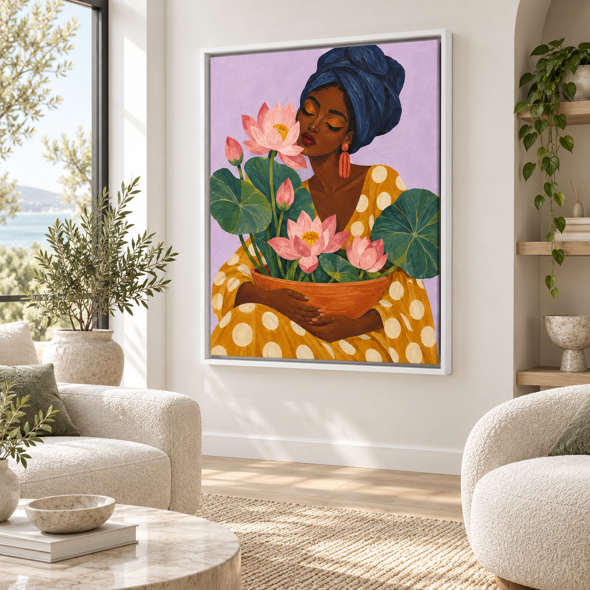 Woman with pink lotus flowers canvas wall art in a white frame in a neutral living room