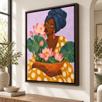 Angled view of woman with pink lotus flowers canvas wall art in an espresso frame
