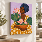 Angled view showing the canvas edges of woman with pink lotus flowers wall art