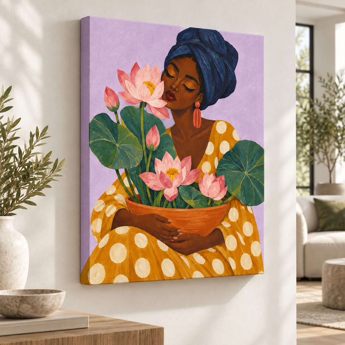 Angled view showing the canvas edges of woman with pink lotus flowers wall art