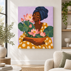 Woman with pink lotus flowers unframed canvas wall art above a cream armchair