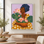 Woman with pink lotus flowers canvas wall art in a white frame above a dining room sideboard