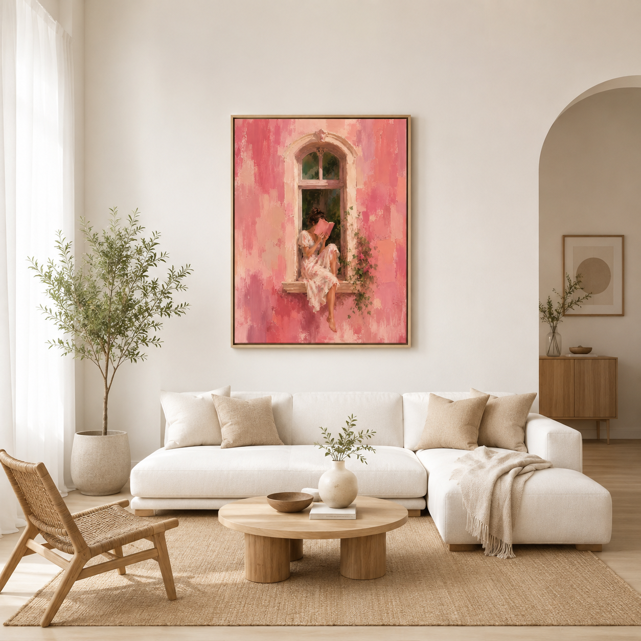 Woman Reading by Window Canvas Wall Art natural frame room mockup