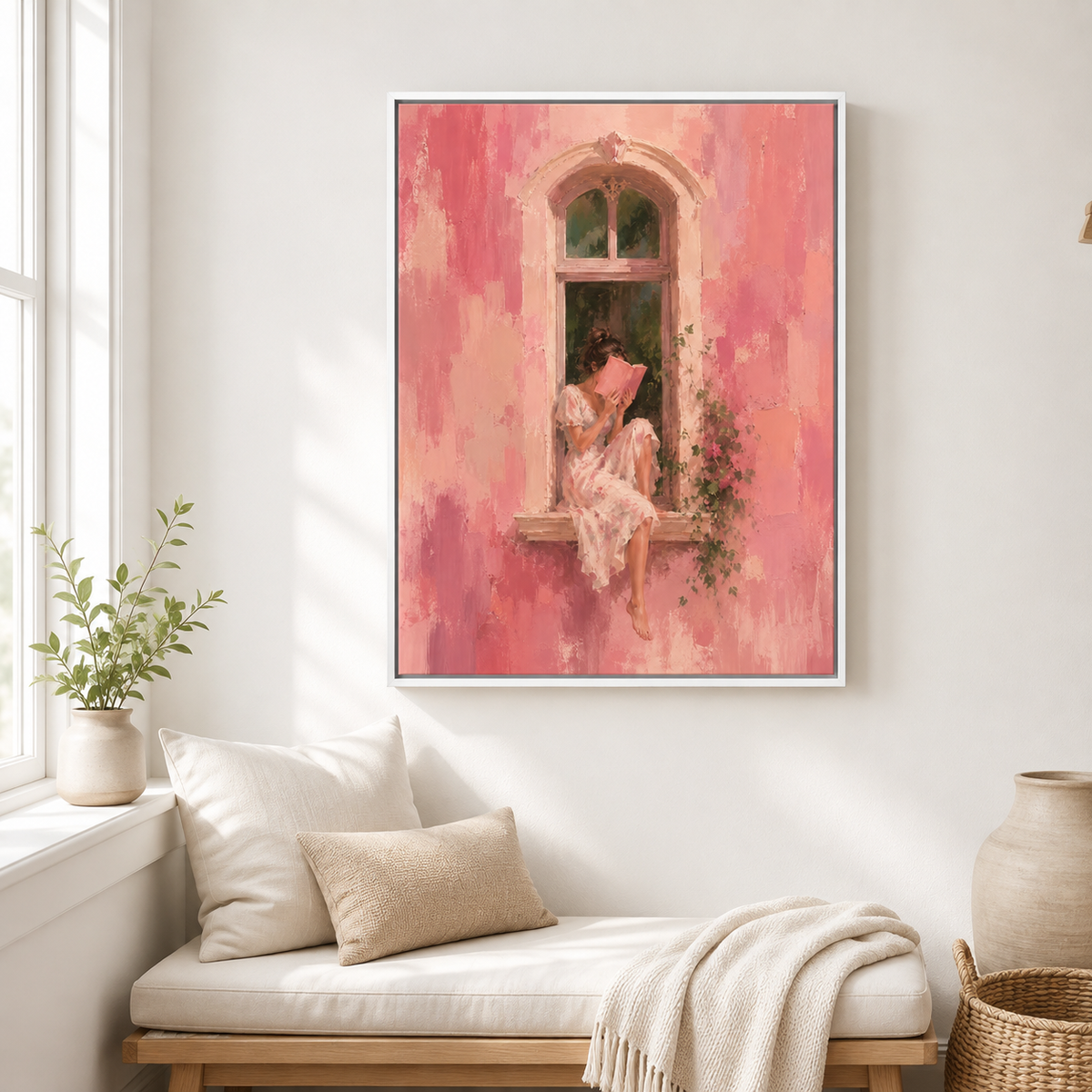 Woman Reading by Window Canvas Wall Art white frame room mockup